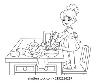 Girl is washing the dishes. Vector illustration, coloring book.