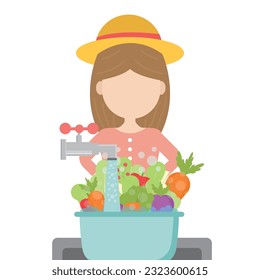 Niña lavando verduras frescas para cocinar. Limpie verduras bajo el agua en el tazón. Alimentos saludables. Ilustración vectorial.