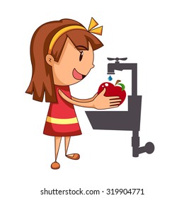 Girl Washing Fruit, Vector Illustration