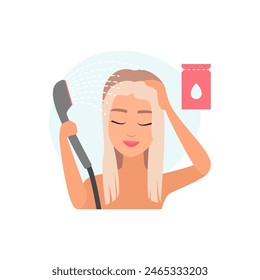 Girl washing hair after hair bleaching procedure in home bathroom vector illustration