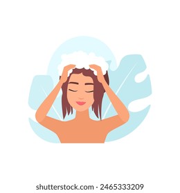 Chica lavando el cabello con espuma de champú en el cuarto de baño, Ilustración vectorial de rutina de cuidado del cabello