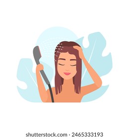 Girl washing hair with stream of clean water in shower, hygiene routine vector illustration