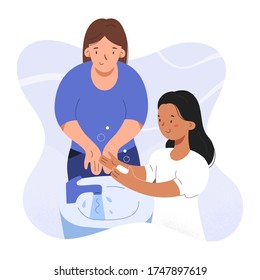 Girl washing hands with soap with her mother or nanny showing how to wash hands properly together with adult, kindergarten scene, hygiene protection against coronavirus, vector illustration