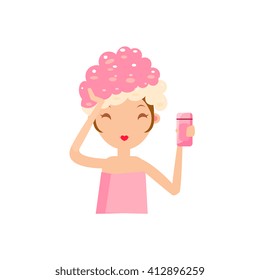 Girl Washing Her Hair Portrait Flat Cartoon Simple Illustration In Sweet Gitly Style Isolated On White Background