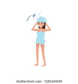 Girl washing her hair with shampoo in shower, beauty treatment, young woman taking care of herself vector Illustration on a white background