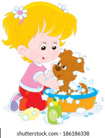 Girl washing her puppy