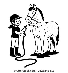 Garota lavar cavalo com mangueira em preto e branco desenho animado estilo ilustração
