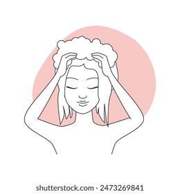 Chica lavando y masajeando el cabello y el cuero cabelludo con Ilustración vectorial de espuma de champú