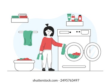 Chica lavando cosas. Niño pone ropa sucia en lavadora. Limpieza e higiene. Pequeño ayudante y ayudante haciendo las tareas del hogar. Ilustración vectorial lineal aislada sobre fondo blanco