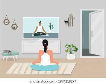 Girl watch online classes on the big screen, TV, does yoga, meditation. The concept of home sports and yoga classes.  Stay at home.  Vector illustration.
