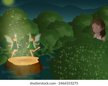 Una niña mira hadas bailando en el bosque por la noche. Ilustración para un cuento de hadas. Vector Imagen.