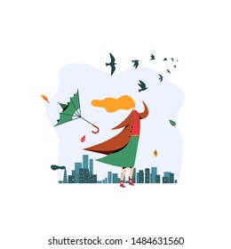 The girl watches as migratory birds fly from the city to the South (autumn).