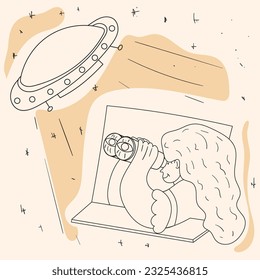 A girl watches UFOs flying through binoculars at night from a window, a flat contour drawing in corporate Memphis style