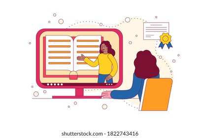 The girl watching the broadcast of lesson on the monitor screen. Colored vector illustration
