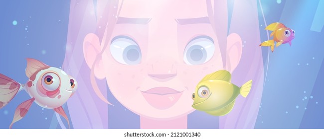 Girl watching at cute fish in aquarium. Vector cartoon illustration of tropical marine animals in fish tank or oceanarium and pretty child face behind glass