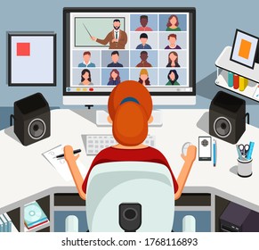 Girl watching lesson online and studying sitting at her desk at home.  Young student taking notes while looking at computer screen. Video conference call on laptop. Distance education concept vector.