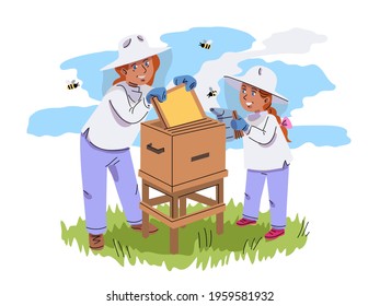 Girl watching mother taking out honeycomb in beekeeper farm. Childhood outdoor vector illustration. Little curious girl looking at bees and honey production. Fun hobby and leisure activity.