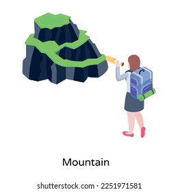 Girl watching mountains, isometric icon with high graphics  