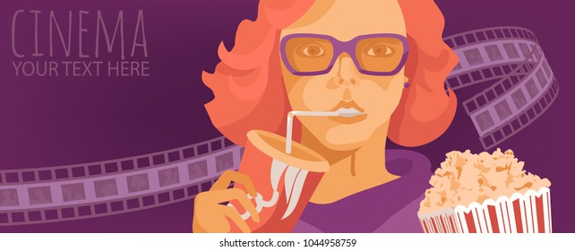 the girl is watching a movie with drink and popcorn, vector illustration