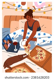 Girl watching movie on laptop, relaxing and eating pizza in bed. Black woman rests at home, watches series at weekend, holiday time, cozy evening with notebook, wine. Flat vector illustration