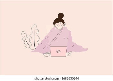 Girl watching movies on a laptop. Me time. Stay at home concept.