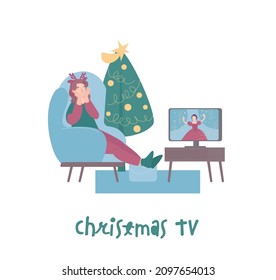 Girl watching a new year television program. Winter holidays, indoor fun. Cozy lifestyle. Christmas TV pictogram, sign. Editable vector illustration in cartoon style isolated on a white background