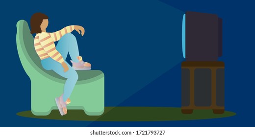Girl watching news or an interesting movie (TV show). Girl in striped sweater and sneakers sits in comfortable chair in front of the TV in dark room. Vector flat illustration. Entertainment concept. 