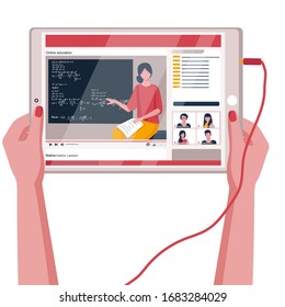 The Girl Is Watching An Online Lesson Live In Headphones On Her Tablet. Vector Illustration Of Distance Learning At Home.