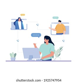 Girl watching online live class with teachers illustration. Character cartoon illustration. Education illustration design  