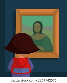 Girl watching painting of Mona Lisa, illustration, vector on a white background.