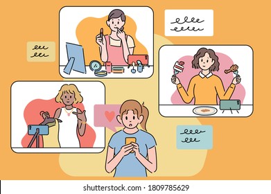 A girl is watching social media videos on her phone. Fashion and food cosmetic videos are being played. hand drawn style vector design illustrations. 