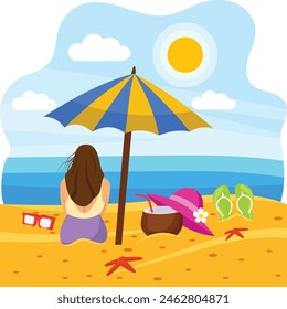 Girl watching sunrise concept, Lady siting on sand in swimsuit  rear view vector colorful design, Nature and landscape postcard Scenic Summer Season Vibes Sign, Idyllic Remote Beach stock illustration