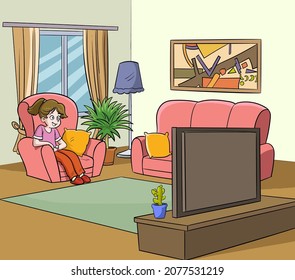 Girl watching tv in living room.