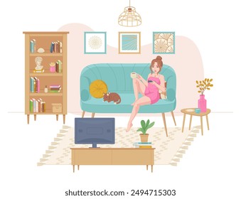 Girl is watching TV on a cozy sofa in a living room with a cat illustration. Relaxed atmosphere, home leisure, hygge interior concept.