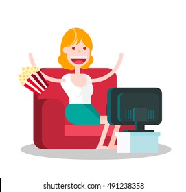 Girl Watching TV on a Sofa. Isolated Flat Vector Illustration.