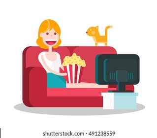 Girl Watching TV with Popcorn on the Sofa. Isolated Flat Vector Illustration.