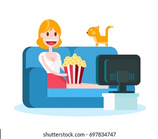 Girl Watching TV with Popcorn on the Sofa on White Background . Isolated Flat Vector Illustration