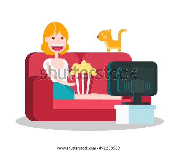 ソファーにポップコーンを置いてテレビを見ている女の子 分離型フラットベクターイラスト のベクター画像素材 ロイヤリティフリー