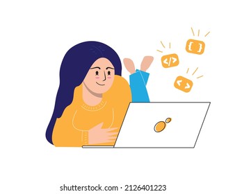 a girl is watching a video lesson on programming. Online homeschooling. Work at home. Remote work.