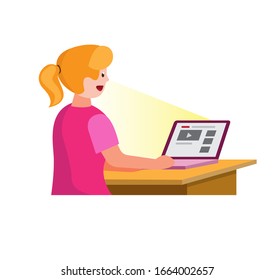 girl watching video streaming from internet using laptop in cartoon flat illustration vector