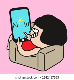 Girl Watching Weather Forecast Through Tablet At Home And Smiling Happily With Good Sunny Weather Now As She Plans Going Outside Concept Card Character illustration