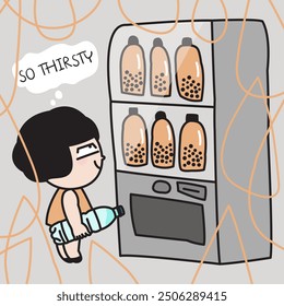 Girl With Water Bottle In Hand Is Ready To Bubble Milk tea Vending Machine. Funny Humorous Idea Concept Card Character illustration