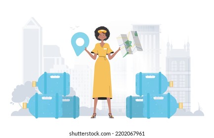Girl water delivery operator holding a map. The trendy character is depicted in full growth. Vector illustration.