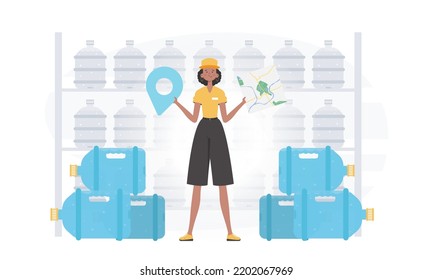 Girl water delivery operator holding a map. The character is depicted in full growth. Vector.