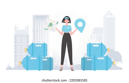 Girl water delivery operator holding a map. The character is depicted in full growth. Vector.