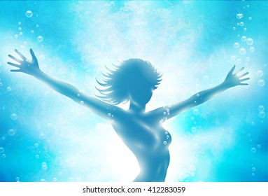 Girl in water with hands up.  Vector illustration.