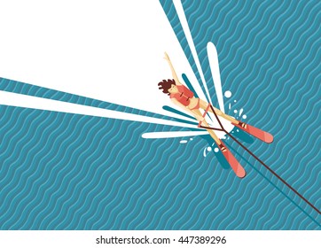 Girl water skiing. Top view of woman on the sea.