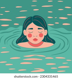 Girl in the water. The girl swims in the water. Portrait illustration. Vector graphics, flat style. Girl on vacation. The girl in the pool