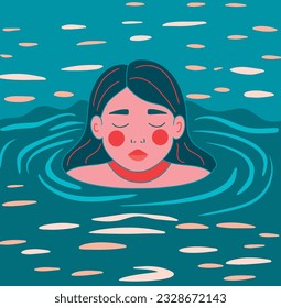 Girl in the water. The girl swims in the water. Portrait illustration. Vector simple graphics, flat style. Girl on vacation. The girl in the pool