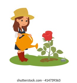  Girl watering a beautiful flower on the flowerbed. vector